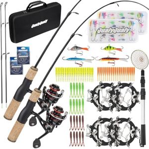 QualyQualy Ice Fishing Rod and Reel Combo, 28'' Ice Fishing Rod Set with Inline Reels Ice Cleat Jig Heads and Fishing Line Ice Fishing Gear Ice Fishing Jig Line (28‘‘ Fishing Combo-2 Packs)