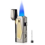 Four Jet Flame Lighter Butane Refillable Cigar Lighter with Punch Windproof Cigar Torch Lighter with Cigar Stand on Top(Gold)