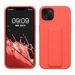 kwmobile Case Compatible with Apple iPhone 13 - Case with Hand Strap and Stand Soft TPU Silicone Coating - Coral