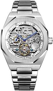 BOLYTE Tourbillon Design Men's Analog Automatic Stainless Steel Wrist Watch Mechanical Skeleton Male Clock, Silver White, bracelet