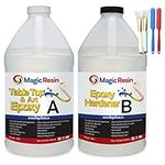 Magic Resin | Epoxy Resin for Table Top with Sticks & Brushes | 1 Gallon Kit (3.78 L) 128oz | UV Resistant | High Gloss Thick Clear Coat | Table Tops, Bar Tops, Countertops, Thin Pours, Artworks