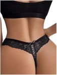 OYOANGLE Women's Floral Lace Bow Knot Lace Up Lingerie Thongs See Through Low Rise Panties Underwear Black Small