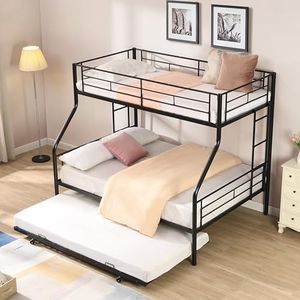 Teemful Metal Twin Over Full Bunk Bed with Trundle, Heavy Duty Metal Bunk Bed Frame with Full Length Guardrails for Kids Teens Adults, No Box Spring Needed (Black, Twin Over Full with Trundle)