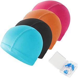 TSHAOUN 44Pcs Gorro Piscina,Unisex Gorro de Natación Gorro Piscina Mujer y Hombre Gorro de Baño para Pelo Largo,con Tapones para los oídos y Pinzas nasales,Gorros de natación elásticos (4Pcs)