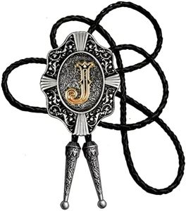 Moranse Golden Initial Letters in Flower Nursery Cowboy Bolo Tie with Cowhide Rope(J Silver,Silver Style)