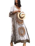 Bsubseach Women Coffee Ethnic Print Kaftan Maxi Dress Half Sleeve Open Side Beach Dress Long Cover Up