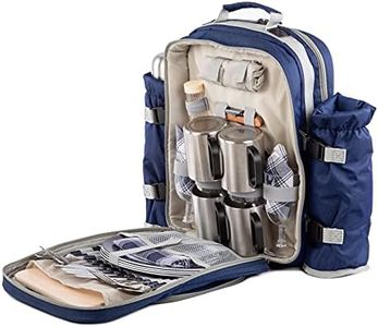 Greenfield Collection 4 Person Cooler Bag Picnic Set Rucksack; Lightweight Picnic Backpack Hamper; Includes Cutlery Set; Perfect Waterproof Coolbag Backpack for Camping/BBQ/Hiking- Blue