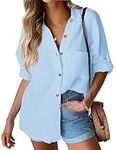 Hotouch Womens Collared Shirt Long Sleeve V-Neck Solid Casual Tops Pocket 100% Cotton Button Down Shirt Blue XXL