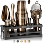 BARE BARREL® Cocktail Making Kit | 16-Piece Bartender Kit Cocktail Shaker Set Maker | Bamboo Display Stand & 35 Recipe Cards | Mixology Cocktail Gift Set (800ml/28oz Boston Shaker, Brass/Black)