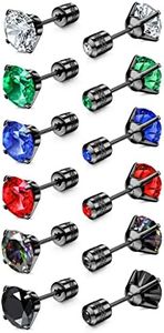 FIBO STEEL 6 Pairs Titanium Screw Back Earrings for Men Women Surgical Stainless Steel Stud Earrings Hypoallergenic Multicolor Double Side Earrings Piercing Sleeper Studs Jewelry 6mm Round CZ