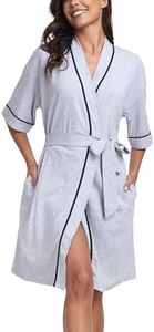 ANLIQI 100% Cotton Robes for Women Lightweight Summer Kimono Robe with Pockets Short Sleeve Soft Bathrobe Ladies Sleepwear, Grey-short Sleeve, Medium