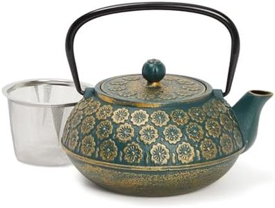 Juvale Green Floral Cast Iron Teapot Kettle with Stainless Steel Loose Leaf Infuser (34 oz)