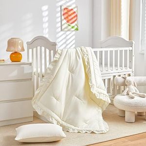 UOZZI BEDDING 3 Pieces Crib Bedding Set Baby Ruffle Quilted Comforter with Fitted Sheet and Pillow - Cute Ruffled Shabby Chic Bedding Soft Blanket Design Cream White