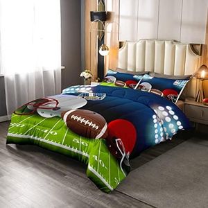 American Football Comforter Set Full,Boys Ball Games Sports Bedding Set Football Helmet Field Down Comforter For Kids Teens Sport Theme Bedroom,Soft Microfiber Quilt Duvet Sets With 2 Pillow Cases