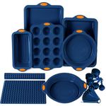 To encounter 8 in 1 Silicone Baking Set - 6 Silicone Molds - 2 Silicone Baking Mat, Nonstick Cookie Sheet, Cake Muffin Bread Pan with Metal Reinforced Frame More Strength, Navy Blue