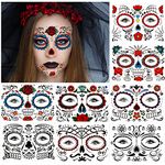 DPKOW Halloween Temporary Tattoos Day Of The Dead Face Tattoo for Adults Women Girls, 8 Pack Rose Skull Face Tattoos Spider Web Fake Tattoos Stickers for Masquerade Cosplay Halloween Party Supplies