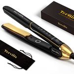 Terviiix 100% Titanium Flat Iron, 24K Salon Professional Hair Straightener and Curler 2 in 1, Non-Snagging Straightening Iron for One Swipe, 15s Ultra Fast Heating, Dual Voltage, Auto Shut Off, 1''