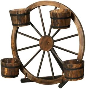 Gardeon Garden Ornaments, Fir Wood Gardening Ornament Decorations Vintage Decor Wooden Wagon Wheel Planter Flower Home Indoor Outdoor Yard Setting Decoration, with 4 Buckets Durable