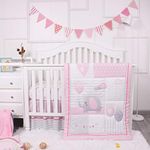 La Premura Baby Elephants Nursery Crib Bedding Set for Girls – Pink Elephant & Love Balloons 3 Piece Standard Size Crib Set, Pink & Gray