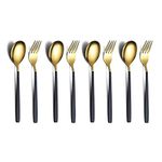 YELONA Set of 8 Premium Gold Titanium Plated Stainless Steel Cutlery, Flatware & Tableware (Contains: 4 Master Spoons, 4 Master Forks) - (Golden & Charcoal Black)