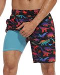 Nonwe Mens Swim Trunks with Compression Liner Quick Dry Hawaiian 2 in 1 Board Shorts with Pockets, Black&orange, 40