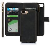 iCoverCase for iPhone 8 Plus/7 Plus/6 Plus/6s Plus Wallet Case with Card Holder, PU Leather Magnetic Detachable Case with Wrist Strap (Black)