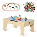 KRAND Kid's All-in-One Activity Play Table with 290 Building Bricks and 30-Piece Wooden Train Set Railway,Cars,Track and Accessories for Toddlers Boys and Girls Children's Toy Playset Game Desk