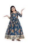 Fashion Dream Girls Tabby Silk Maxi Length Flared Embroidered Dress(Blue_13-14 Year)