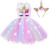 Sequin Unicorn Lighted Dress for Girls with Headband Birthday Christmas Party Outfits Dance Princess Tutu Costumes Pink 6 Years