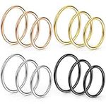 12 Pcs Hoop Nose Rings, Funtopia 18G 316L Surgical Steel Nose Rings for Women Men, Hinged Nose Ring Hoop Septum Rings Cartilage Earring Lip Rings Body Piercing Jewelry, Gold, Silver, Black, Rose Gold -Diameter in 7/8/9mm