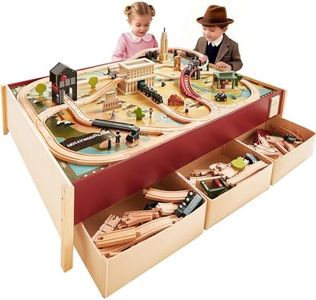 Tiny Land Large Wooden Train Table (48”x35”), 100PCS Train Set, 3 Storage Bins, Activity Playset for Kids Ages 3+