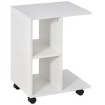 HOMCOM C-Shape End Table Unique Storage Unit w/ 2 Shelves 4 Wheels Freestanding Home Office Furniture Cabinet Square Studio White