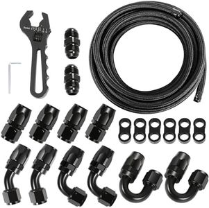 10AN Fuel Line Kit, 0.56'' ID Stainless Steel Braided Fuel Hose Fitting Kit with Adapters, CPE 25Ft Oil Gas Hose Fuel Line End Fitting Kit, Black