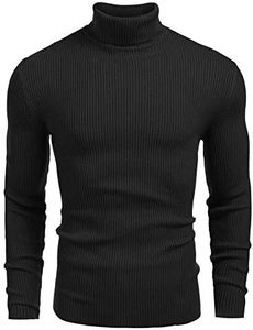 Coofandy Mens Ribbed Slim Fit Knitted Pullover Turtleneck Sweater,Black,Medium