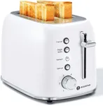 Aigostar Toaster 2 Slice Retro Toaster Stainless Steel, 1.6 inch Extra Wide Slots Bread Toaster with Bagel, Cancel, Defrost Function, 6 Shade Settings & Removable Crumb Tray, Pearl White