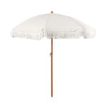 Punchau 6 Ft Fringe Umbrella Outdoor Patio Boho Tan Beach 6 Foot Patio Table Umbrella for Sand with Old Fashioned Vintage Tassels & Fancy Decorative Wood Print Tilt Pole for Outdoor Pool