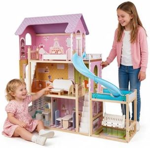 EDUBEBO Wooden Dollhouse for 12 Inch Dolls with Pool and Swing, 3 Story Large Doll House for Girls Toy Playhouse, Toddler Pretend Play House Playset, Toy Gift for Kids Ages 3+