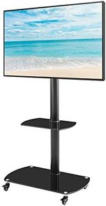 Height and Angle Adjustable Multi-Function Tempered Glass Metal Frame Floor With Lockable Wheels Mobile TV Stand, LCD/Plasma TV bracket 2 Tier Tempered Glass Shelves For Multiple Media Devices