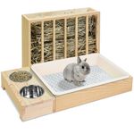 MOBYKE 3 in 1 Rabbit Hay Feeder with Litter Box, Wood, Mess Proof, for Guinea Pig, Chinchillas, Hamster, Dwarf Rabbit