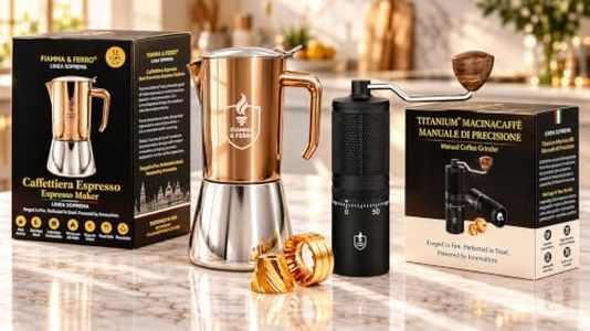 FIAMMA & FERRO Stovetop Espresso Maker & Manual Coffee Grinder Bundle | 12-Cup Stainless Steel Moka Pot with Canvas Travel Bag & Titanium+ Manual Burr Grinder (Espresso–Turkish-French Press and more)
