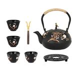 Dyna-Living Cast Iron Teapot, 1200ml Japanese Tetsubin Tea Kettle with Infuser, Glossy Enamel Inside, Plum Flower Teapot Set with Tea Cups, Teapot Holder, Home Health Iron Pot for Stovetop