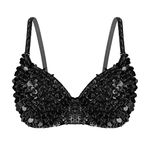 Hedmy Womens Lingerie Padded Bra Top Fashion Sparkle Sequins Bralette for Raves Dances Club Wear Belly Dancing Black S