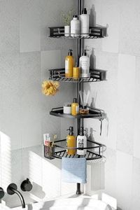 HAMITOR Corner Shower Caddy Tension Pole: Quick Installation 4-Tier Rustproof Bathroom Organizer Shelves for Bathtub Shampoo Storage - 47-121 inch Adjustable Floor Standing Bath Rack Holder - Black