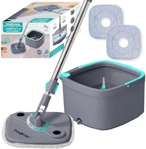 TRUE & TIDY Square Spin Mop & Bucket System – Dual Chamber for Clean & Dirty Water, 360° Rotating Self-Wringing Mop with Built-in Scrub Brush, Stainless Steel Handle & 2 Reusable Microfiber Mop Pads