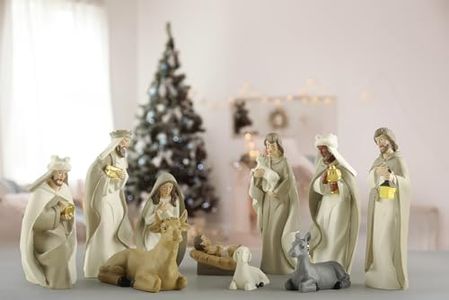 QF Home 10-Piece Christmas Nativity Set – Nativity Scene with Manger, Holy Family & Animals, Hand-Painted Resin Indoor Holiday Display