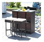 DEVOKO Patio Bar Set 3pcs, Outdoor Rattan Wicker Patio Furniture with 2 Cushions Stools & Glass Top Table for Backyards, Porches, Garden (Dark Brown & Cream)