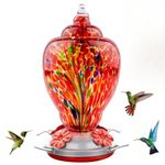 REZIPO Hummingbird Feeder Hand Blown Glass Bird Feeder for Outdoors Patio Large 32 Ounces Hummingbird Nectar Capacity with Hanging Hooks, Rope, Brush and Service Card