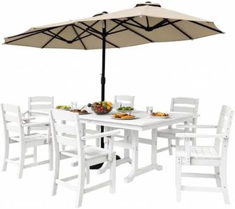 DWVO 8-Piece HIPS Table Outdoor Dining Ensemble with 13ft Dual-Canopy Umbrella – 71" White Rectangular Patio Table & 6 Reinforced Chairs for Deck, Lawn & Poolside