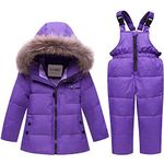 SANMIO Baby Boys Girls Two Piece Snowsuit, Toddler Winter Hooded Puffer Down Jacket Coat with Ski Bib Purple