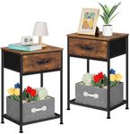 Nightstand Set of 2, Industrial End Tables Bedroom, Retro Bedside Tables with Fabric Drawer and Storage Shelf, Side Table for 2Living Room Guest Room, Rustic Brown Wooden Look Black Metal Frame